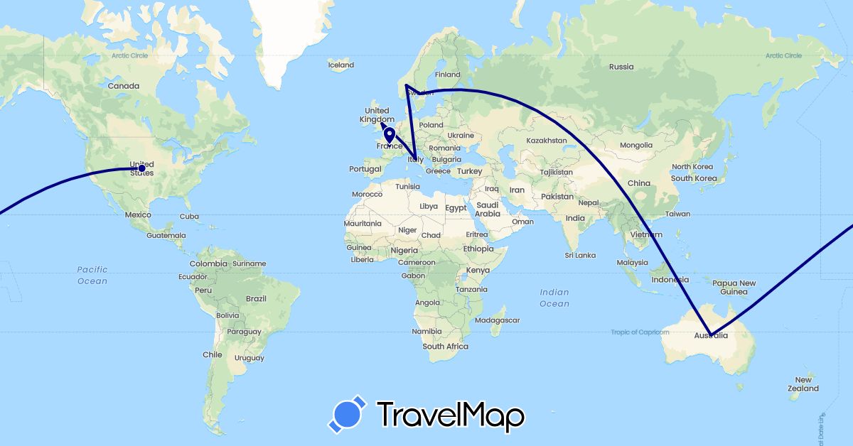 TravelMap itinerary: driving in Switzerland, Denmark, France, United Kingdom, Italy, Norway, Sweden (Europe)